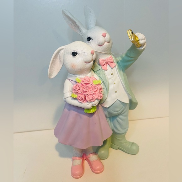 Easter Bunny Couple, Rabbit Figurine with Pink and Green Accents, Bunny Statue - Picture 1 of 6